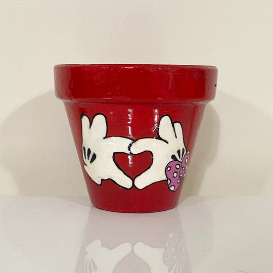 Mickey & Minnie Hands in Shape Of Heart Hand Painted Clay Flower Pot
