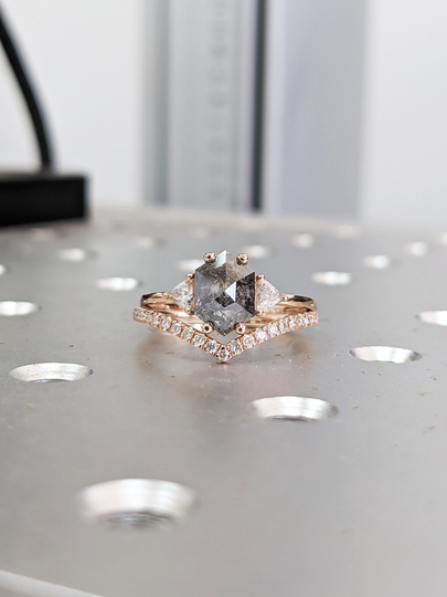Raw Diamond Hexagon Triangle Diamond, Salt & Pepper, Plain Unique Bridal Engagement Set, Rose Cut Geometric Ring, Custom Handmade