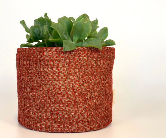 Eco Friendly Upcycled Red & Beige Fabric Plant Pot/Festive Table Decor