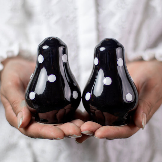 Salt & Pepper Shakers, Ceramic Cruet Set, Handmade Pottery, Black White Polka Dot Pots, Country Cottage Style, Housewarming Gift