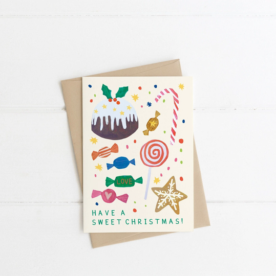 Sweet Christmas Card | Pudding Sweetie Candy Cane Xmas Merry Seasons Greeting Eco-Friendly Recycled Hand Painted