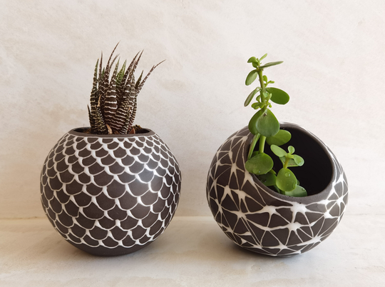 Set Of 2 Small White & Black Ceramic Planter, Succulent Planter Pot, Modern Black Indoor