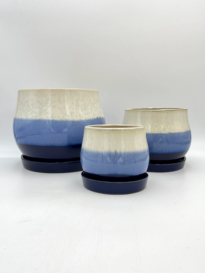 Aldo Blue White Houseplant Pot, Glazed Indoor Attached Saucer, Large Plant Drainage Holes On The Sides, Various Sizes