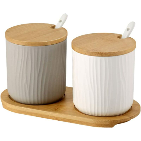 Ceramic spice jars sugar bowl, Ceramic sugar bowl with spoon and bamboo lid for tea sugar salt spices