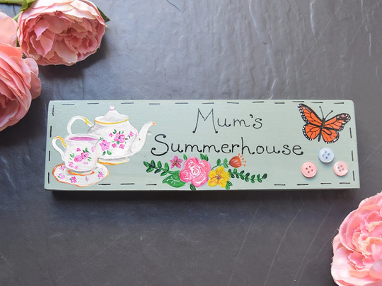Summerhouse Personalised Wooden Sign | Tea Party Roses English Cottage Garden Gift Butterflies Teapot & Cups