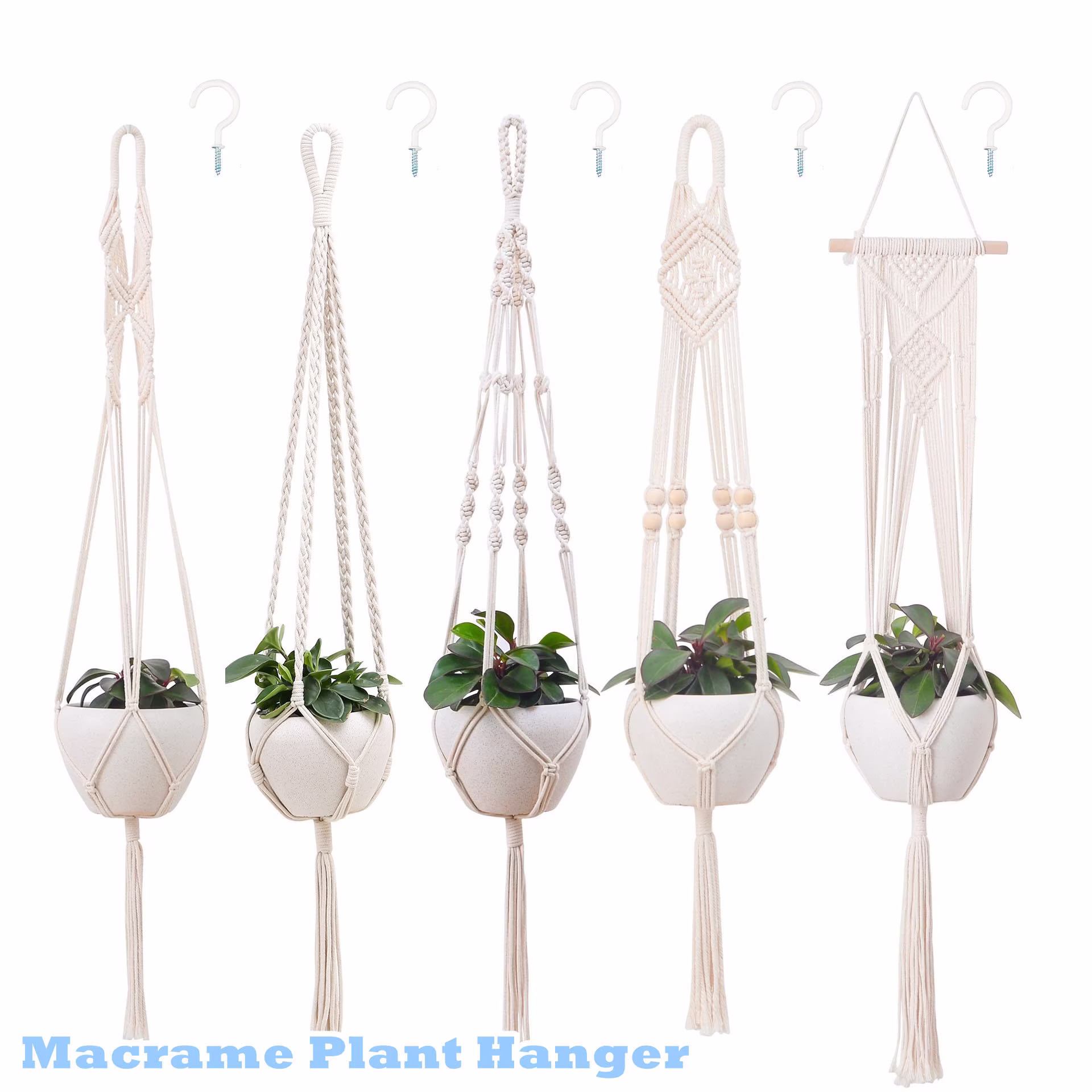 5 Pack Macrame Plant Hanger & 5Pcs Hooks Indoor Hanging Planter Basket Decorative Flower Pot Holder For Home Decor