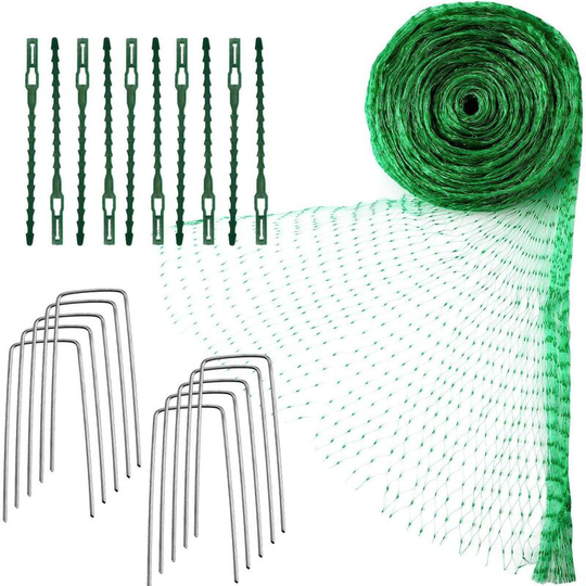 Tinor - Green Bird Netting Mesh Garden Plant Netting Fruit Tree Netting with Cable Ties and U-Shape Garden Stakes, 4m x 10m (13.1 x 32.8 Feet)