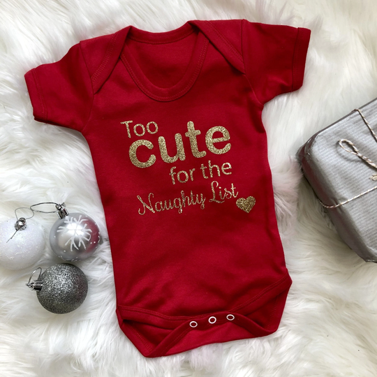 Babies Christmas Outfit, Too Cute For The Naughty List Gold Glitter, Red Short Sleeve Romper, Keepsake Newborn Gift, Festive Season