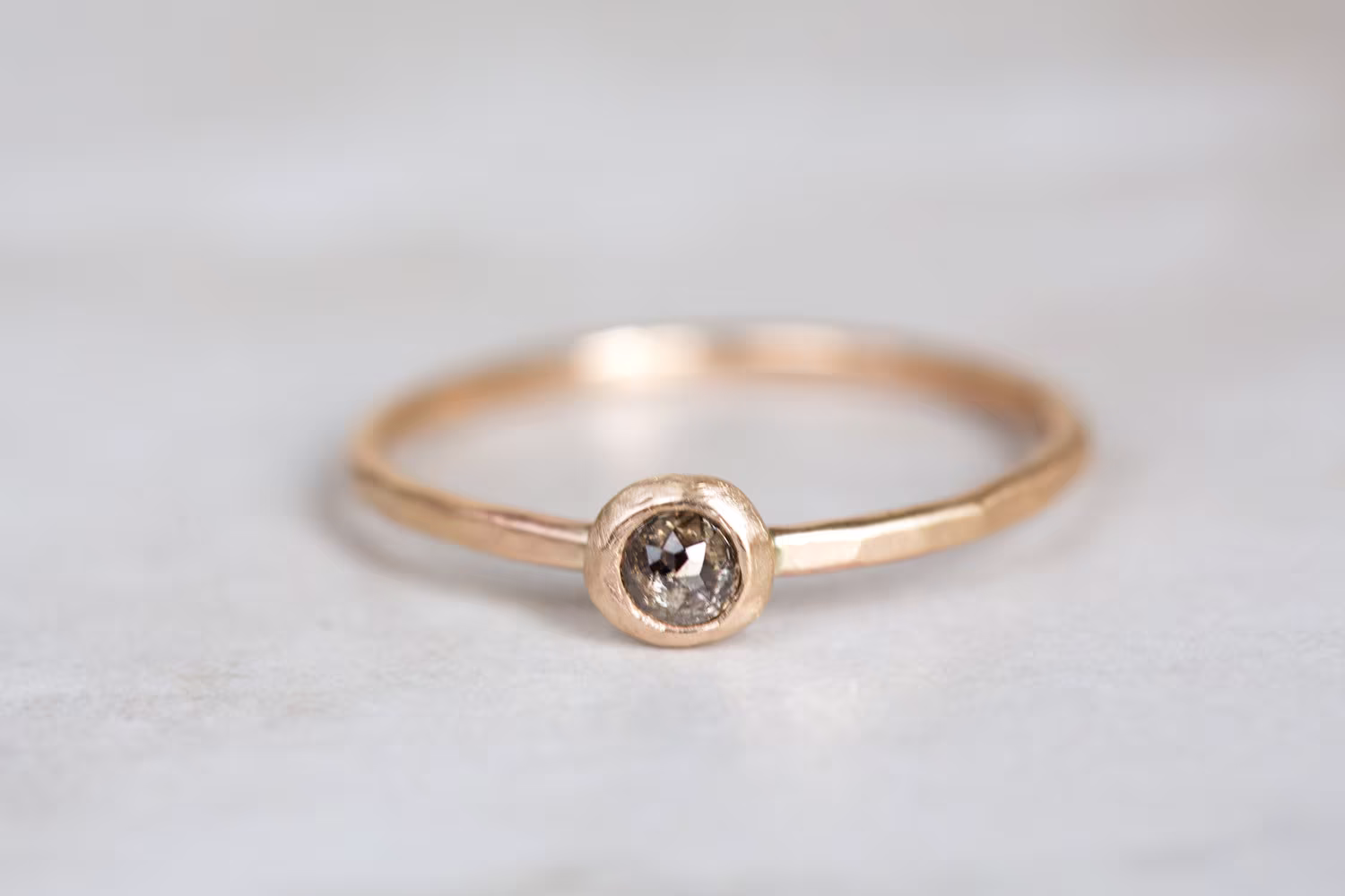 Rose Cut Diamond Ring, Salt & Pepper Chocolate Engagement Black 14K Yellow Gold Ring