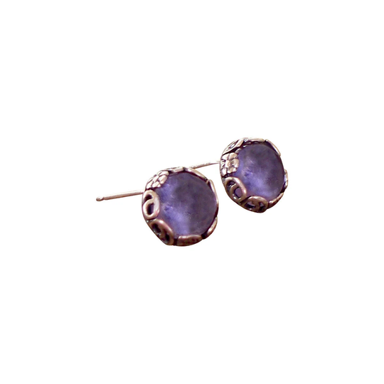 Recycled Early 1900's Amethyst Glass Medicine Bottle Botanical Sterling Silver Post Earrings
