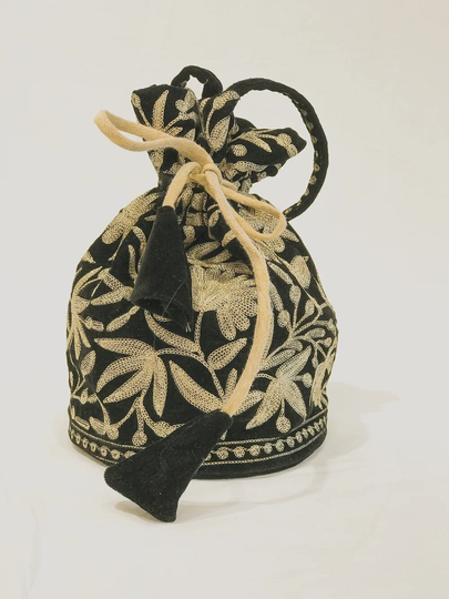 Velvet Zari Jaal Embroidered Black Potli Bag Floral Design, Wedding Favor Bags, Gift Bag, Women Bags