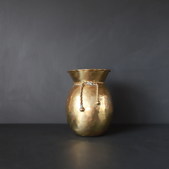 Brass Vase Twisted Rope Accent Mcm Hammered Floral Container