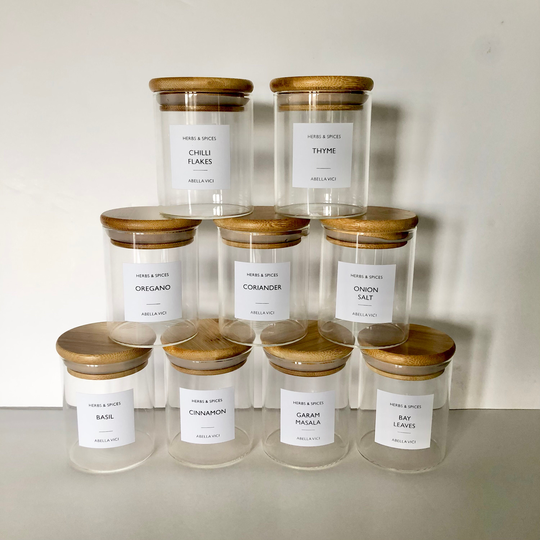 Bamboo Lid Glass Herbs Spice Jar Personalised Waterproof Minimalist Label Storage Container Kitchen Pantry Organiser Airtight Jars - 200Ml