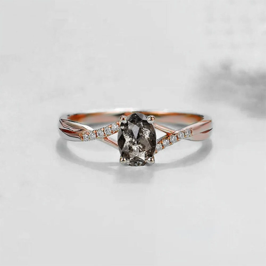 Oval Salt & Pepper Diamond Engagement Ring | Galaxy Featured Dainty 9K/14K/18K Solid Rose Gold Split Shank For Her
