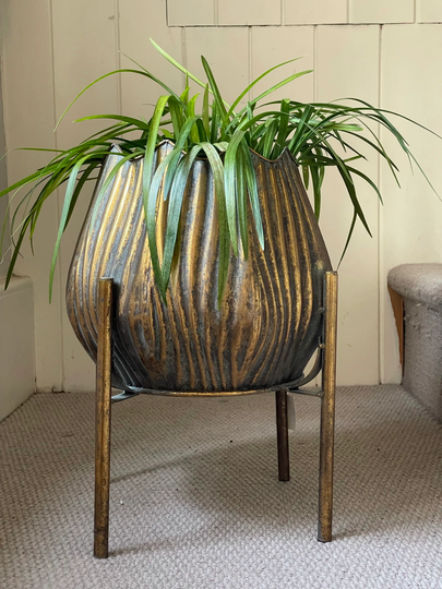 Large Tall Beautiful Bronzed Gold Ribbed Planter Urn Inside Outside Use