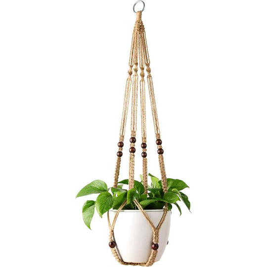 Plant Hanger Hanging Basket for Indoor Planter Flower Pot Holder Jute Rope with Beads 89cm - yellow