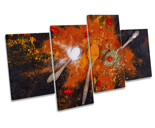 Kitchen Spices Spoons Orange Canvas Wall Art Four Panel Print
