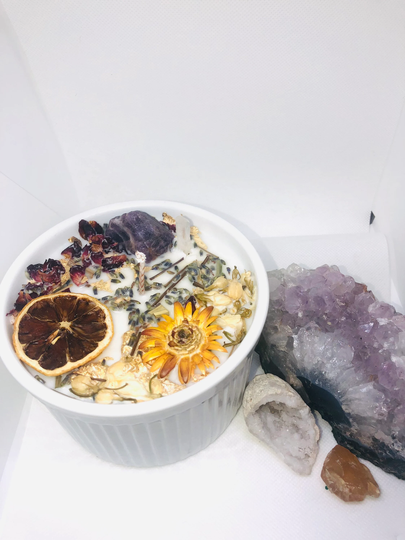 Cleanse Your Space Candle/ Clearing/ White Crystal & Flower Infused Spiritual Amethyst Clear Quartz