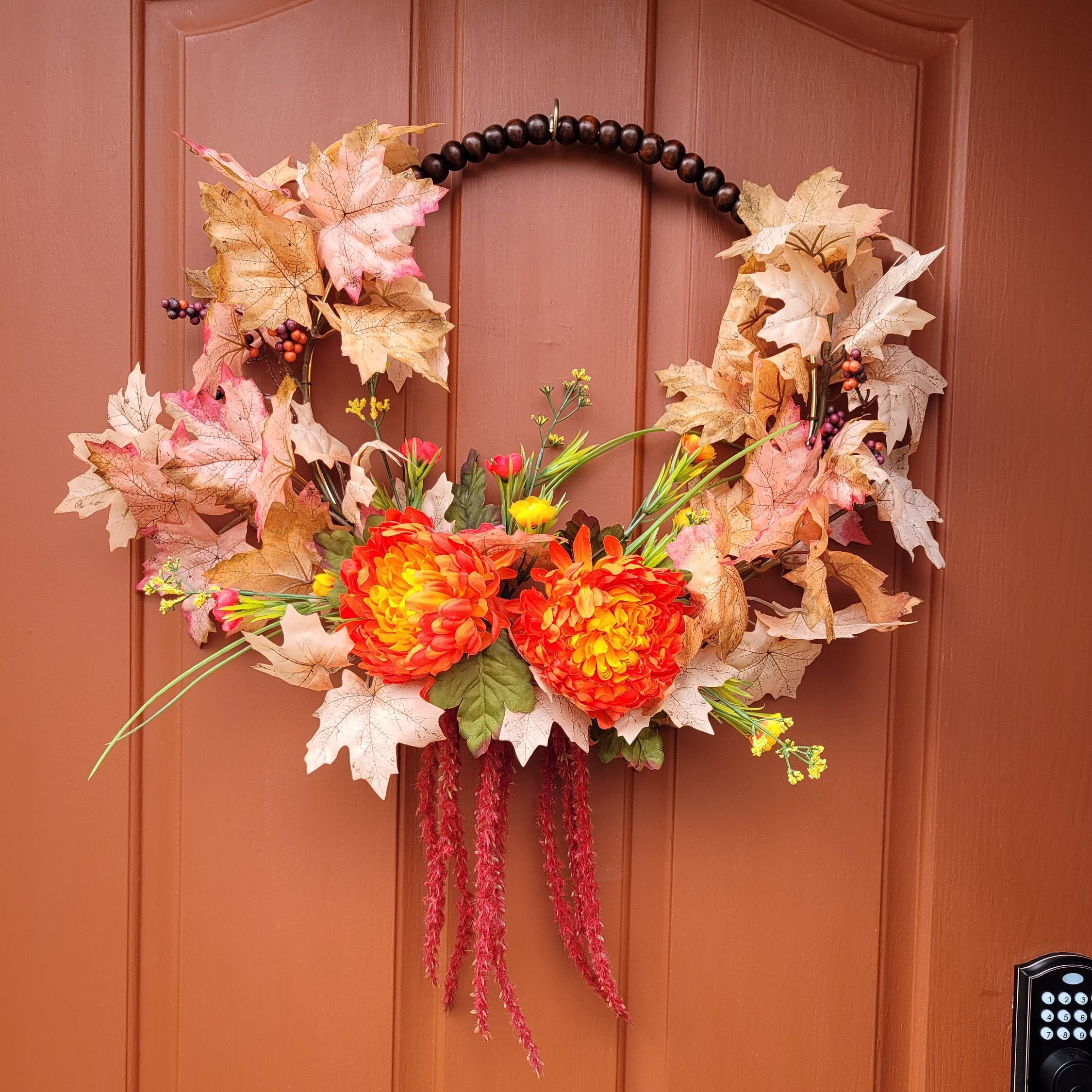 Fall Wreath, Beaded Hoop, Seasonal Door Décor, Farmhouse Style Decoration, Gift Idea For Mom