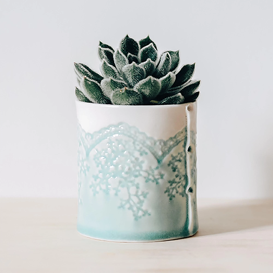 Ceramic Indoor Planter/Candle Holder Storage Pot - Versatile Lace Imprint Decorated Glazed Fine Porcelain Pot, Dishwasher & Oven Safe