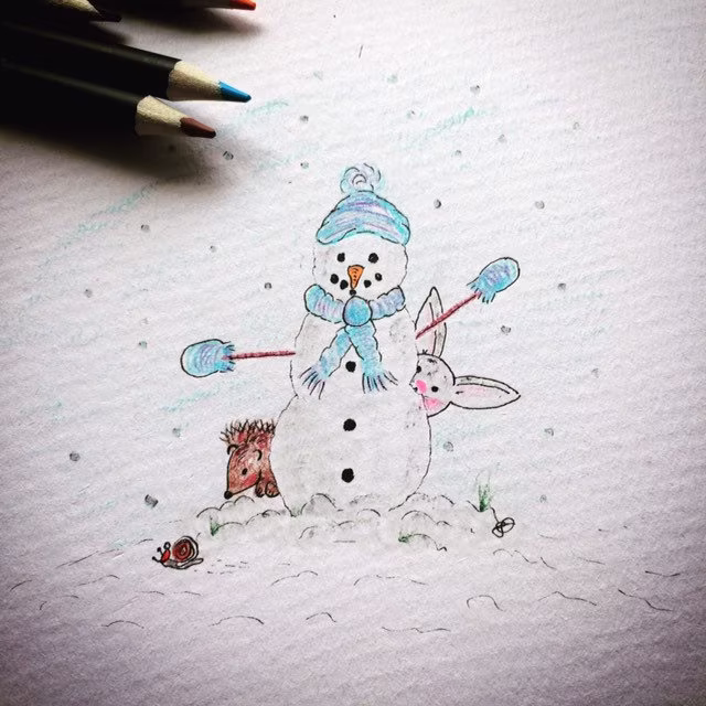 stunning Hand Drawn Snowman Christmas /Seasonal Card -Blank Inside