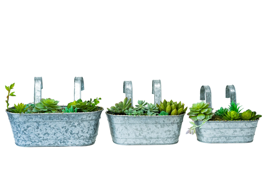 Wall/Railing/Deck Hanging Planters Set Of 3 | Window Hooked Plant Boxes| Galvanized Iron With Gold Beads| Indoors & Outdoor