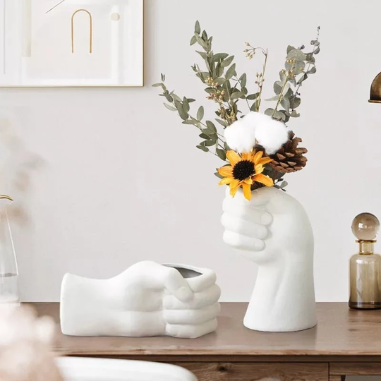 Ceramic Hand Shaped Fist Vase | Handmade Nordic Human For Fake Flower Anniversary Birthday Gift Ideas Desktop Decoration