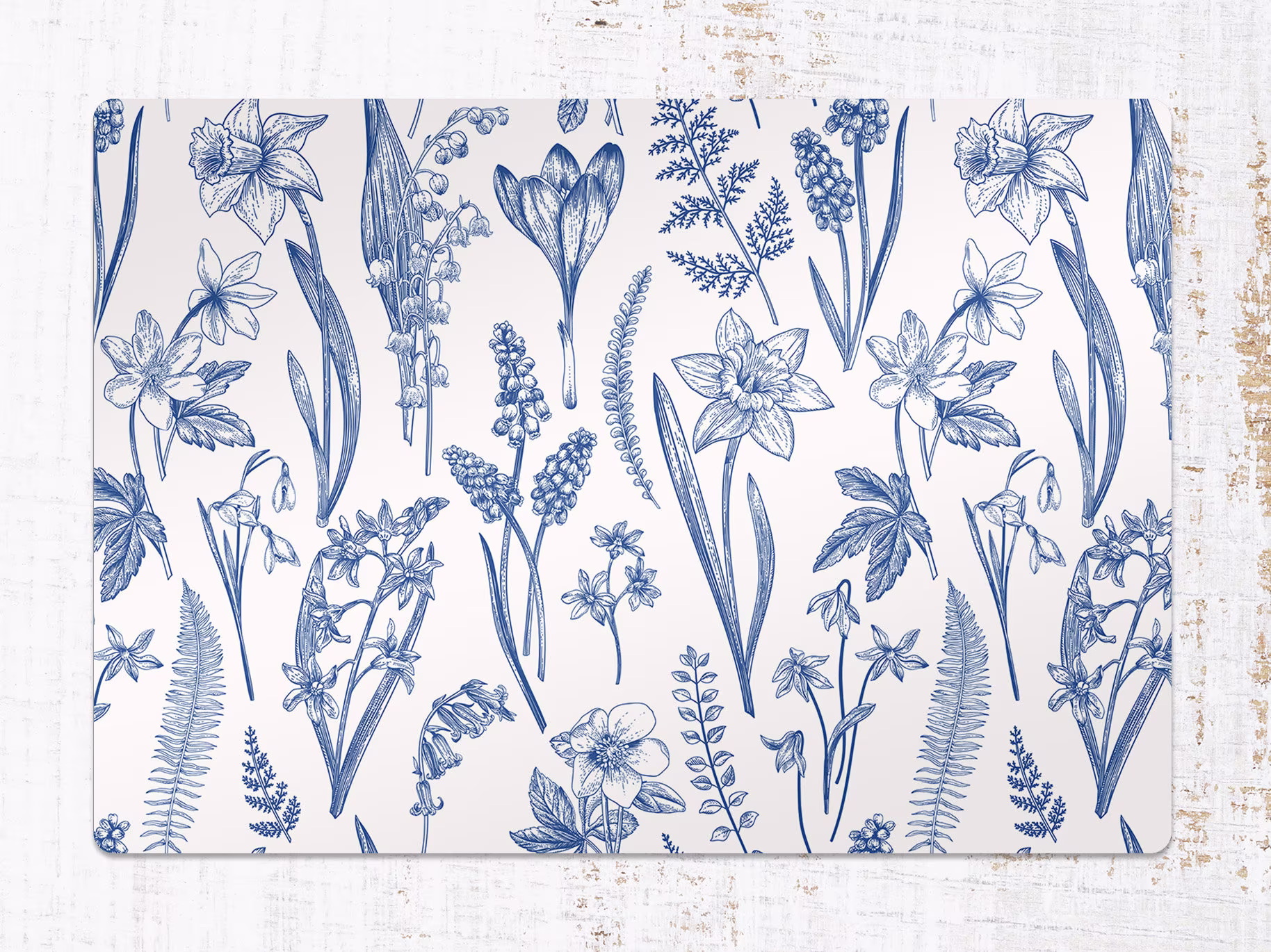 Blue Herbs Leaf Chair Mat, Navy Splat White Vinyl Floor Plant Protective Flooring, Comfort Splash Mat