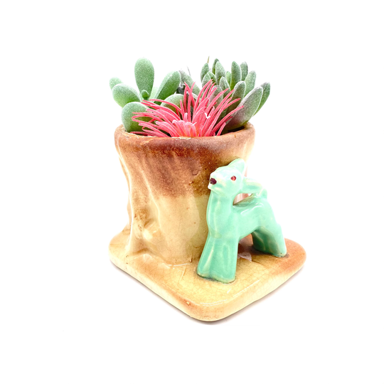 Vintage - Fabco Pottery American Log & Turquoise Deer Indoor Planter Mid Century Air Plant/Succulent