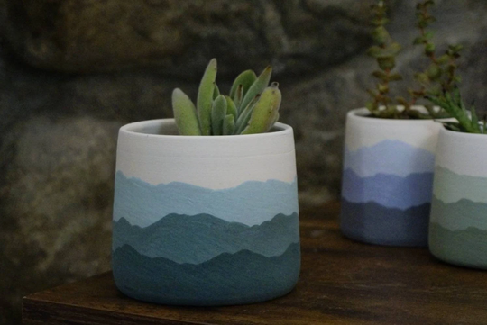 Teal Mountain Ridges - Handmade Ceramic Pottery Planter Succulent Pots With Saucer, Mountains Blue White Apartment Plant Indoor Home Decor