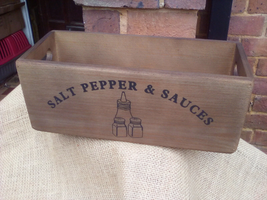 Lovely Rustic Wooden Salt Pepper & Sauces Storage Box. Great in Your Kitchen Or A Fabulous Gift