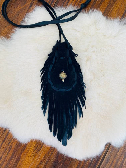 Labradorite Medicine Bag, Crystal Leather Magical Necklace, Black Leather, Manifestation Elvin, Witchy