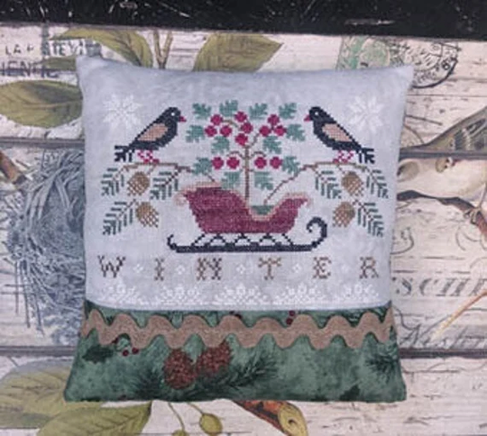 Seasons - Winter By Lila's Studio Cross Stitch Chart Design Primitive Sampler Birds Sleigh Mistletoe Christmas Snowflakes