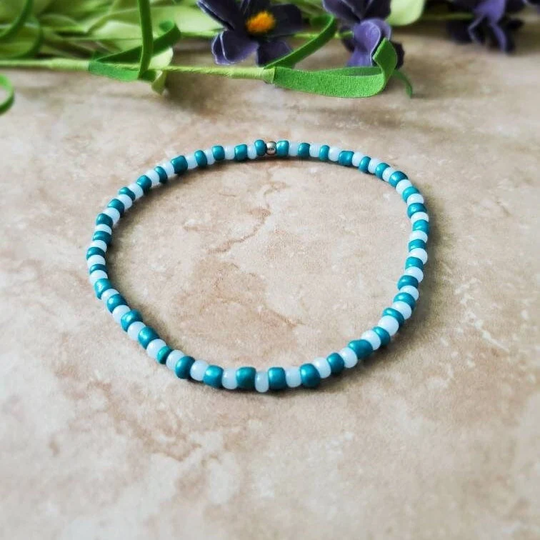 Anklet Teal Green & Light Blue Glass Seed Bead Stretch Ankle Bracelet, Beaded Anklets, Boho Anklets