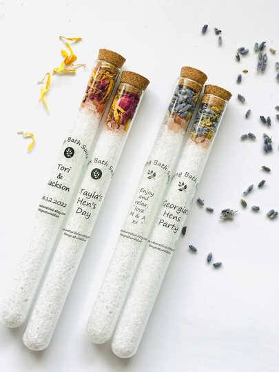 Custom Favour Bath Salt Tube, Wedding Favour, Baby Shower Bridal Shower, Hens Party, Spa Retreat, Personalised Glass Test Tube