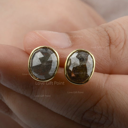 Genuine 2.75 Ct. Oval Cut Salt & Pepper Diamond Stud Earrings Solid 14K Yellow Gold Handmade Minimalist Jewelry Gift