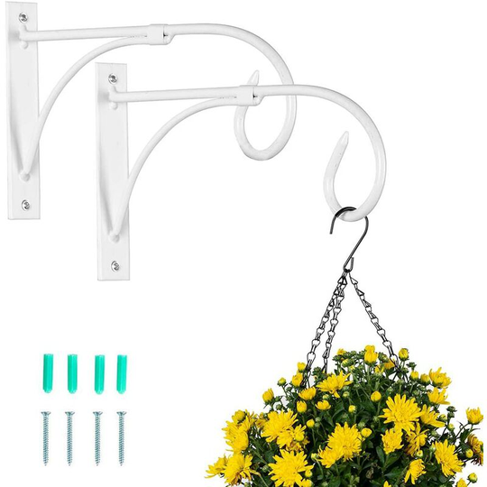 Perle Rare - 2 Pieces White Hanging Basket Rack, Wall Hanging Brackets Hooks, Hanging Plant Rack, Garden Hooks, Outdoor Holder for Flower Pots Plants