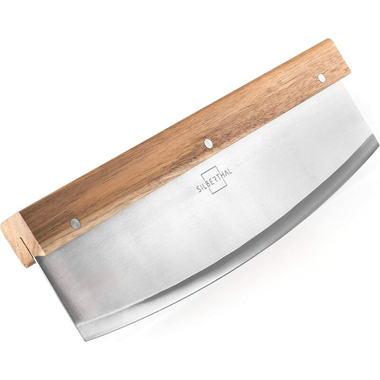 Pizza Cutter In Stainless Steel And Acacia Wood - Half Moon Pizza Knife 32 cm - Chopper Herbs Vegetables Tart - Easy Cutting