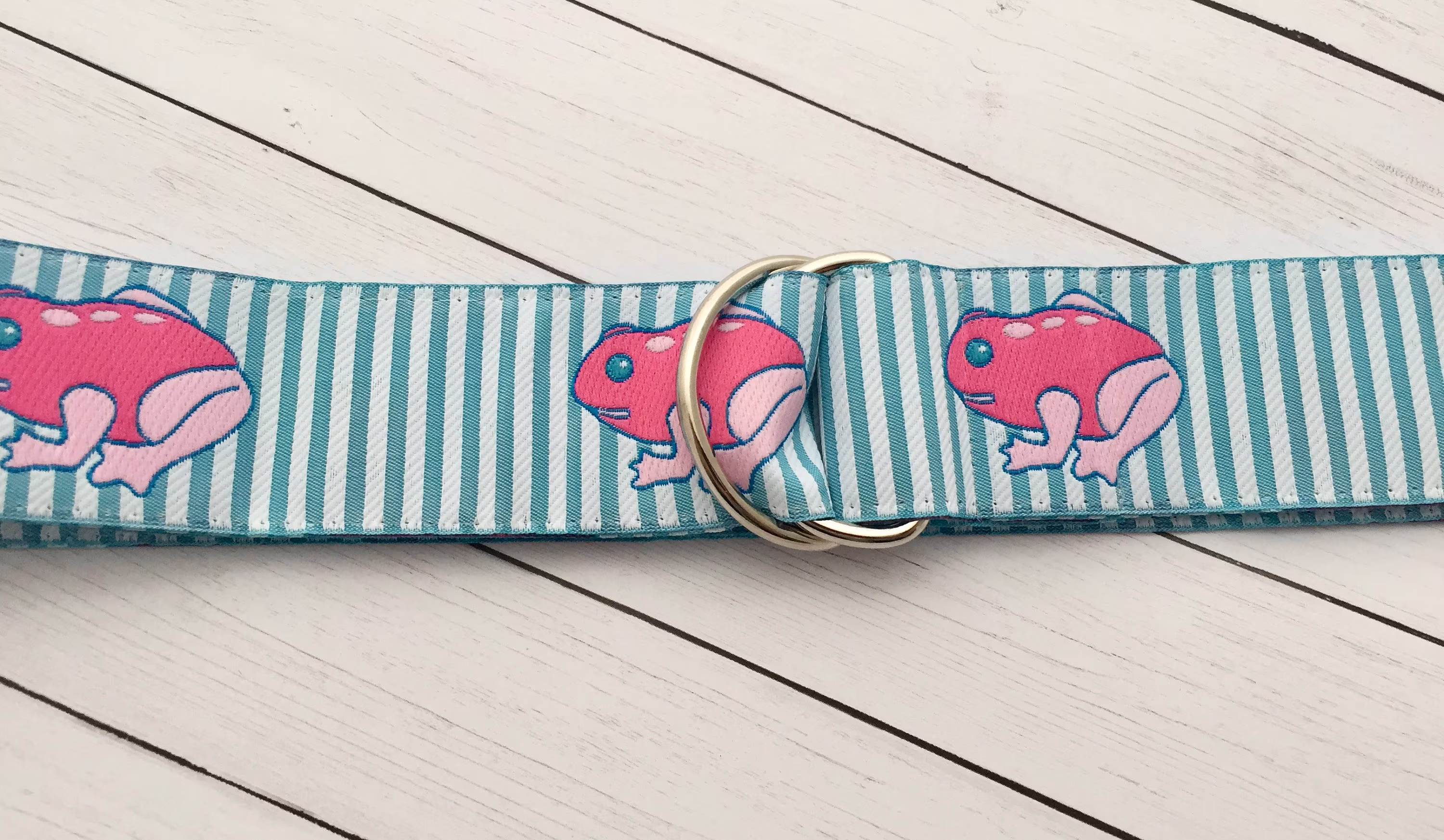 Women's Pink & Blue Frog Jacquard Ribbon Belt, All Season Gold Or Silver Hardware, Gift For Her, Striped Belt Her