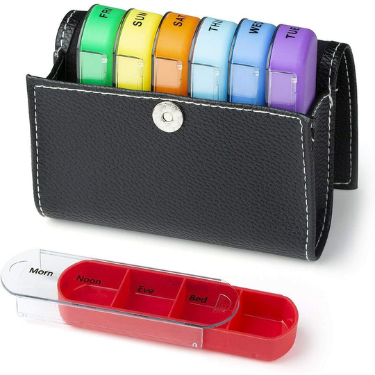 7 Days 28 Compartments Pill Organizer, Multicolor Weekly Pill Organizer with PU Bag, for Vitamins, Fish Oils, Medicine