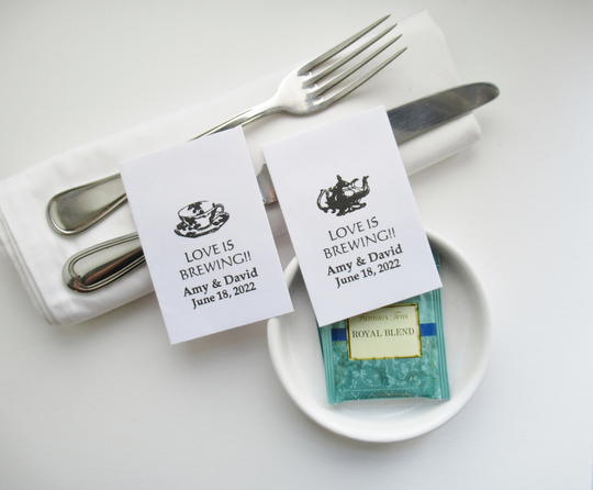 Diy Personalized Tea Or Coffee Favors, Love Is Brewing, White Packets With Teapot Orteacup Motif 50/50, Your Names & Date