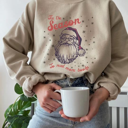 Tis The Season Retro Santa Holiday Apparel Face Sweatshirt Sweater Book Reading Crewneck Christmas