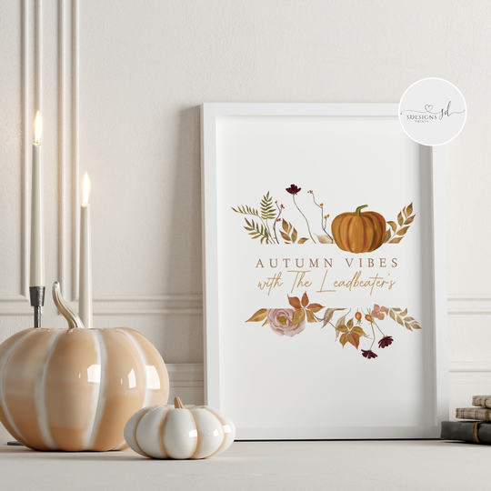 Autumn Vibes Personalised Family Print | Autumnal Wall Art Decor Seasonal Fall Leaves Leaf Pumpkins