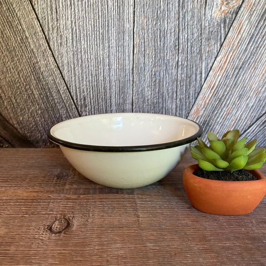 Vintage Enamel Small 6 Inch Bowl {Enamelware Basin White Black Edge} Herb Succulent, Plants. Planter Garden Kitchen Storage Cereal