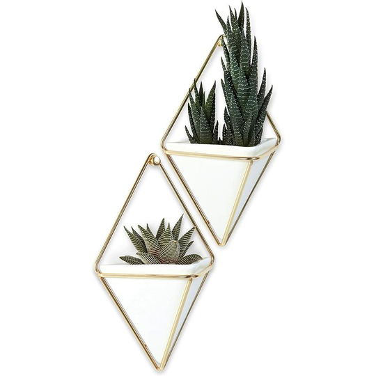 Geometric Hanging Planter and Wall Decor for Small Plant, Succulent Plant and More, White/Brass, Set of 2