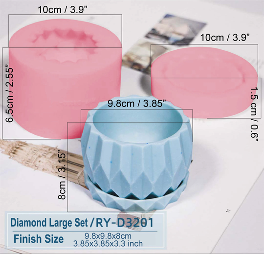 Diy Silicone Planter Mold Flower Succulent Pot Diamond Shape With Drain Hole & Base Set | Large/Small
