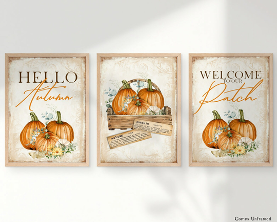 Set Of 3 Pumpkin Prints, Sign, Hello Autumn, Patch Farmhouse Autumn Decor, Seasonal Home Wall Art