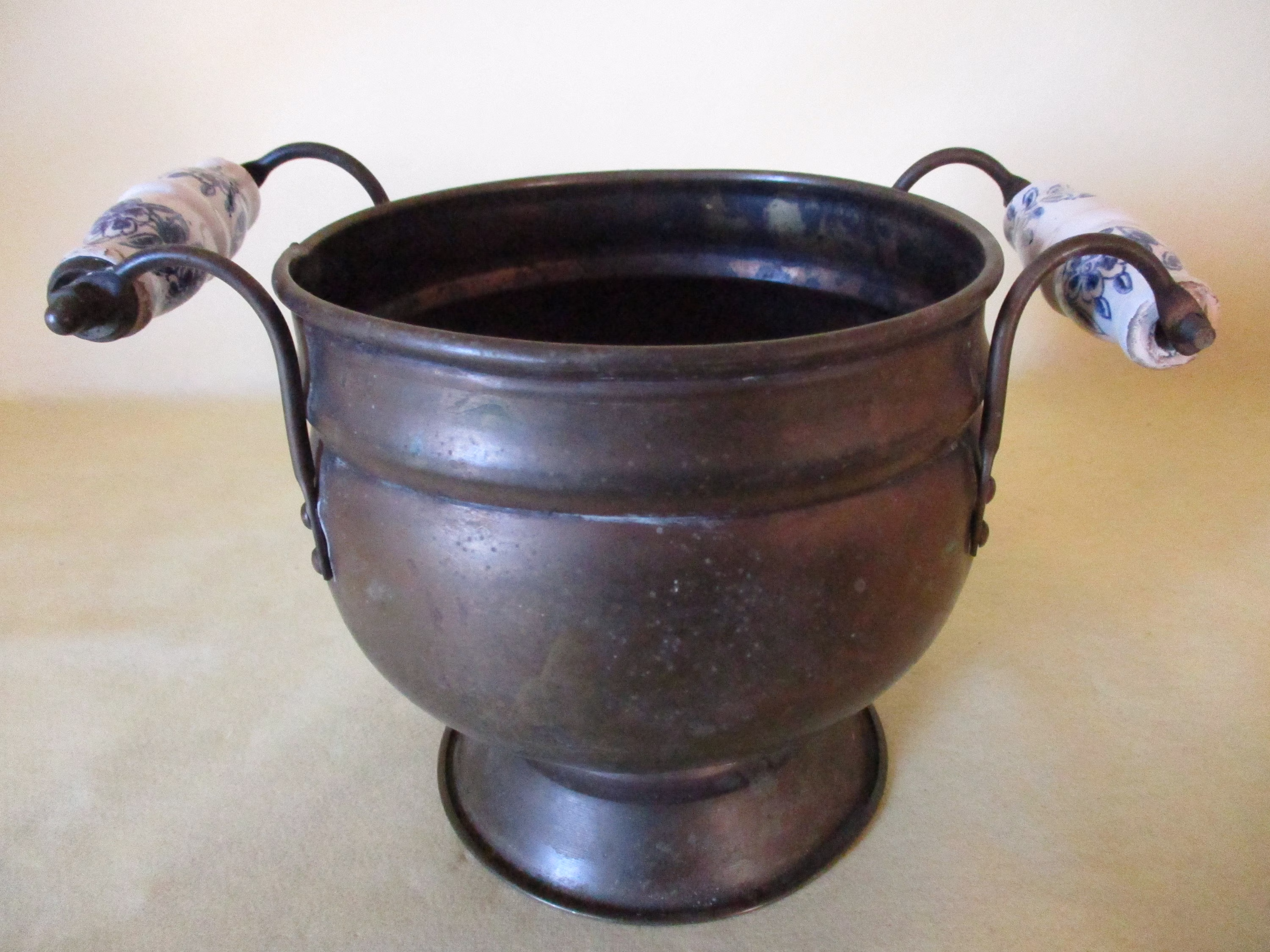 A Gorgeous Vintage Copper Indoor/Outdoor Planter With Porcelain Handles, , Made in France