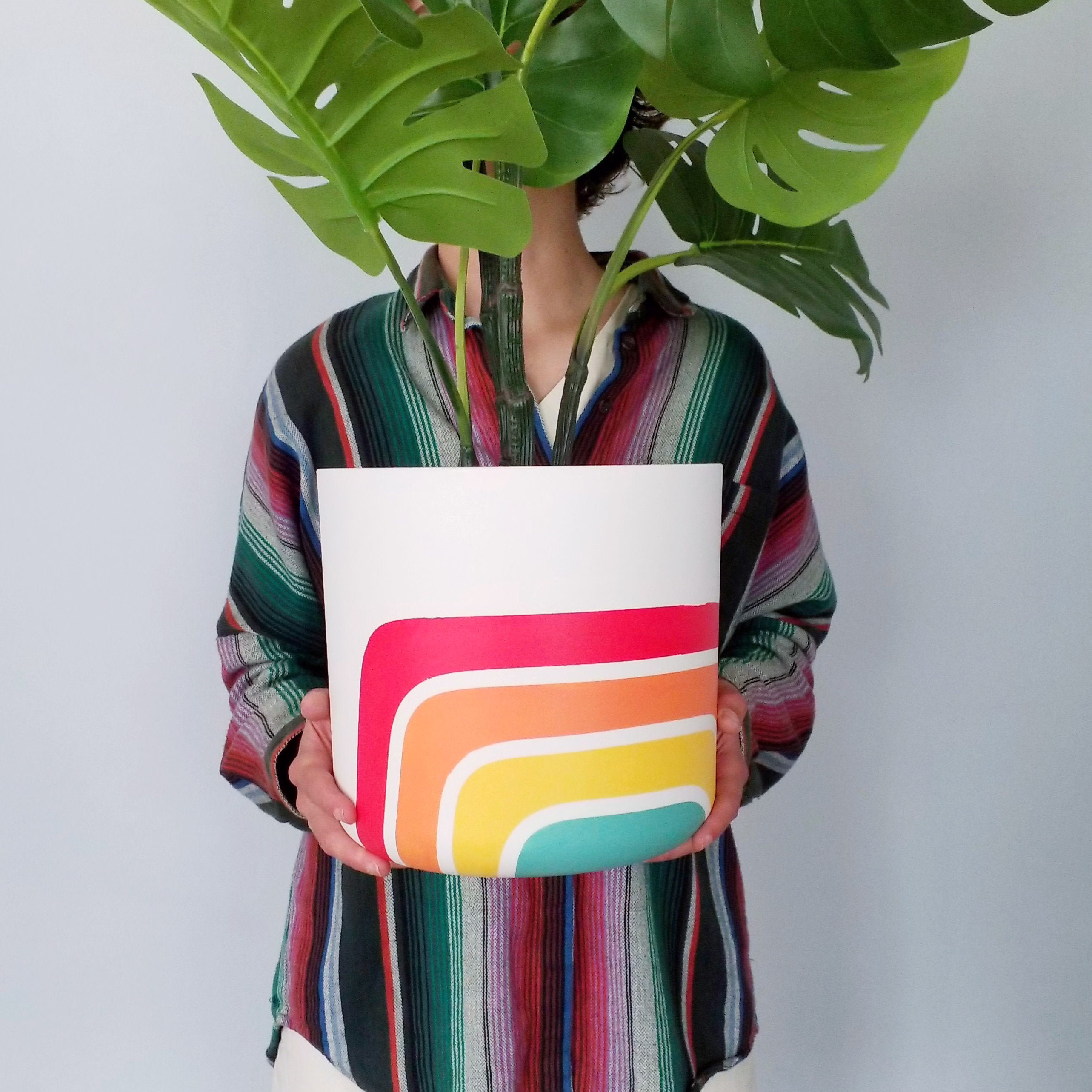 Retro - Lines Extra Large Planters Eco Friendly Plant Pots, Hand Painted Made Of Recycled Plastic