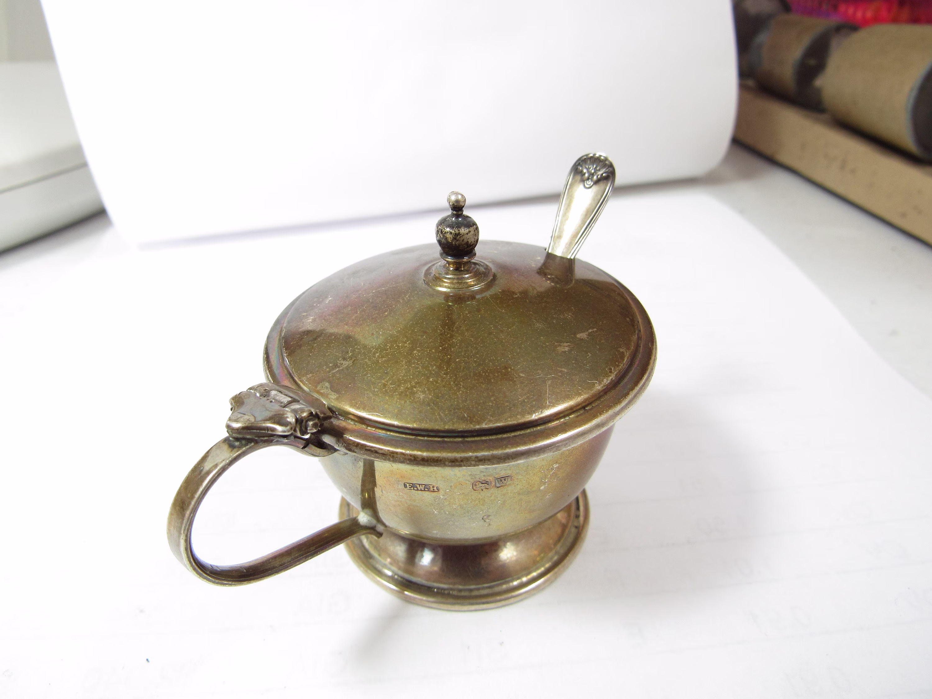 Antique Salt Container Sterling Silver With Spoon & Cobalt Blue Glass Insert